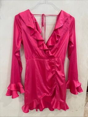 MAJORELLE Hot Pink Ruffled Satin Wrap Dress